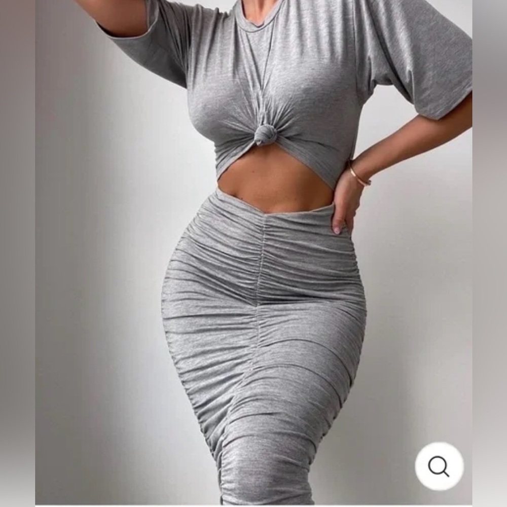 Hot Miami Style Light Gray Short Sleeve Cut Out Ruched Maxi Dress Fashion Nova